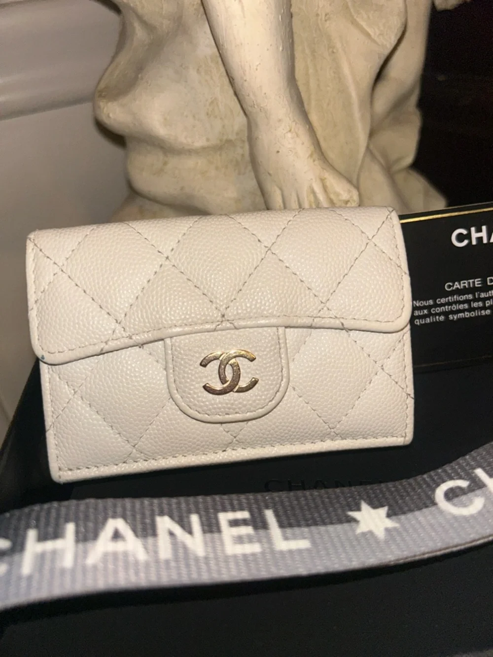 CHANEL White Quilted Caviar Classique Small Flap Wallet with CC Logo